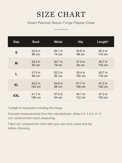 Size chart for the green peacock sequin flapper dress: bust, waist, hip and length in inches and cm, sizes S to XXL
