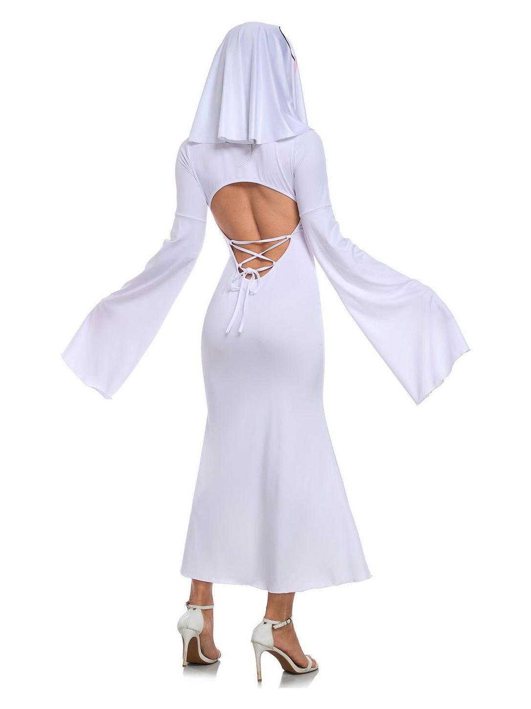 Back view of the white ghost dress showing the open back with criss-cross lace-up ties and flared hem