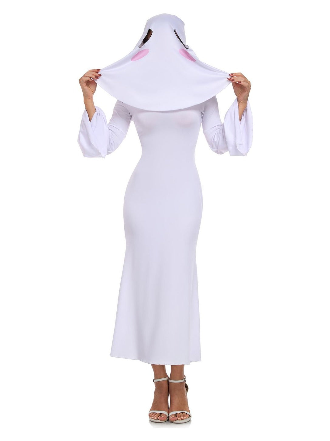 Close look at the ghost head cover lifted by the model, showing the eye openings and pink blush cheek marks