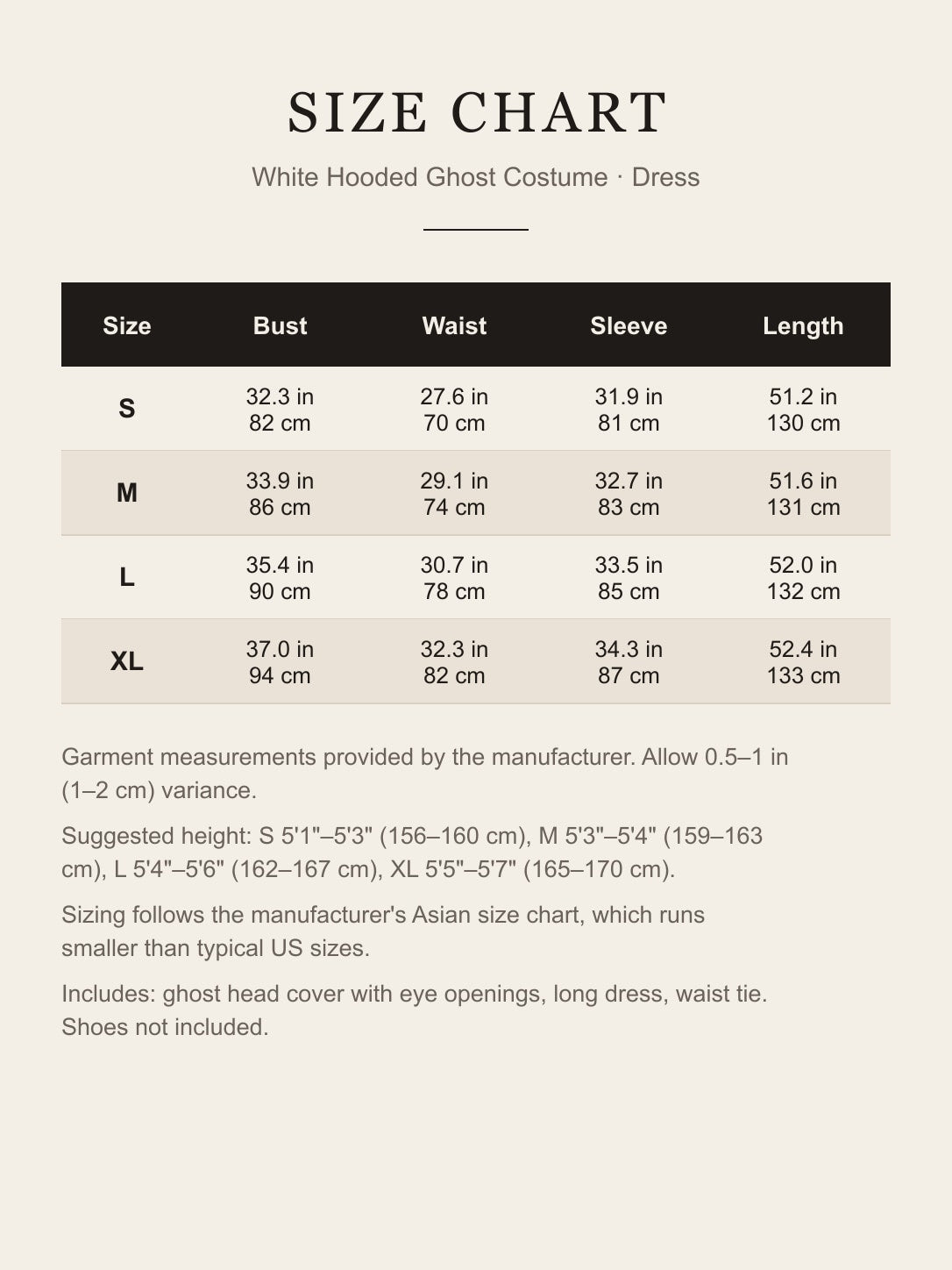Size chart for the women's white ghost costume dress: bust, waist, sleeve and dress length for S to XL in inches and centimeters