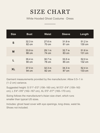 Size chart for the women's white ghost costume dress: bust, waist, sleeve and dress length for S to XL in inches and centimeters