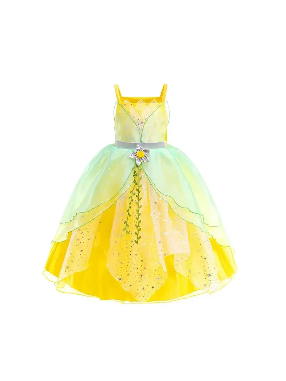 What's included: the green and yellow fairy princess dress on its own, laid flat on white (dress only)