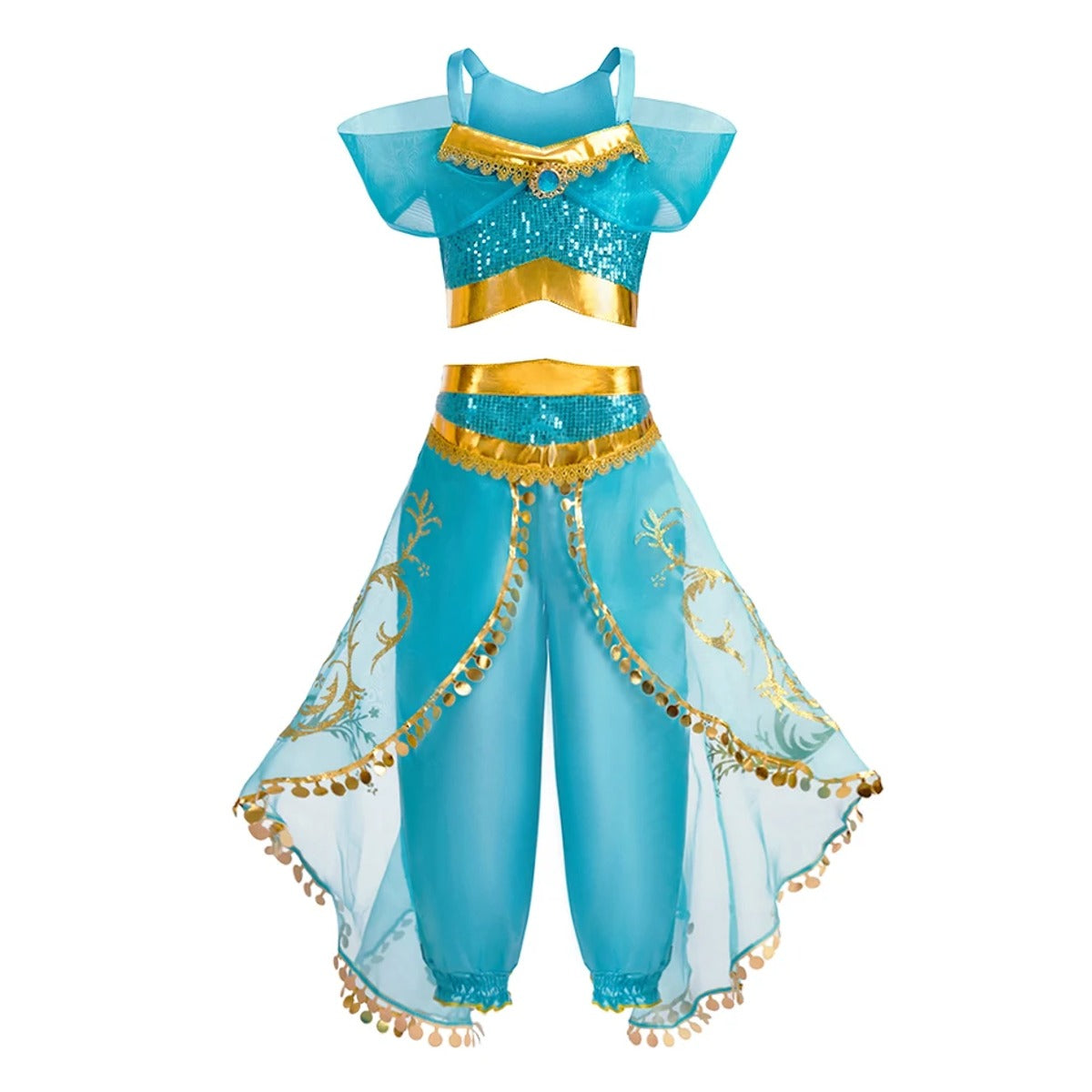 Turquoise and gold Arabian princess costume set for girls laid out: sequined crop top and harem pants with sheer overlays