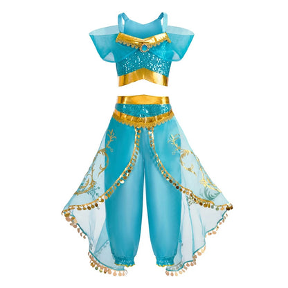 Turquoise and gold Arabian princess costume set for girls laid out: sequined crop top and harem pants with sheer overlays
