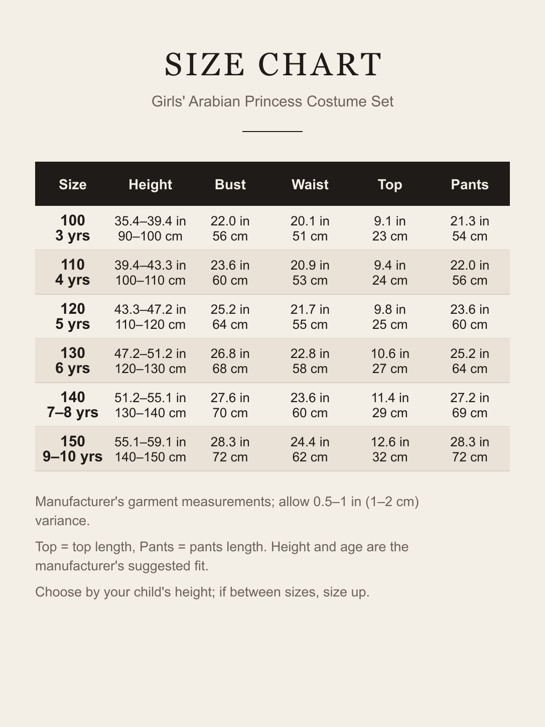 Size chart for the girls' Arabian princess costume: sizes 100–150 with child height, bust, waist, top and pants length in inches and cm