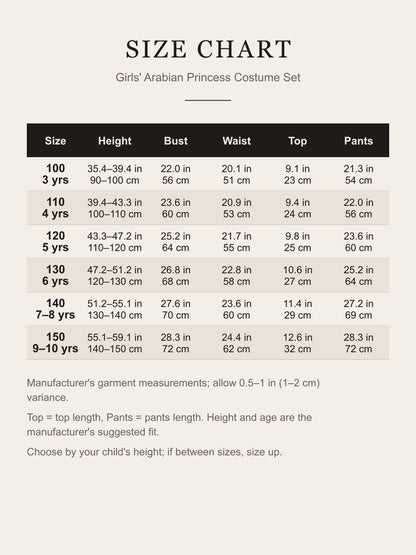 Size chart for the girls' Arabian princess costume: sizes 100–150 with child height, bust, waist, top and pants length in inches and cm