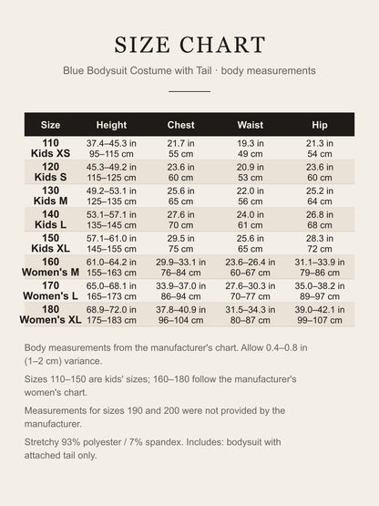 Size chart for the blue bodysuit costume: height, chest, waist and hip for sizes 110–180 in inches and centimeters