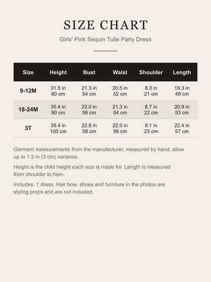 Size chart for the girls' pink sequin dress: height, bust, waist, shoulder and length for 9-12M, 18-24M and 3T in inches and centimeters