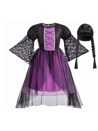 What's included: black and purple gothic witch dress and black wig with bangs and two long braids, on white