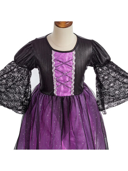 Close-up of the witch dress bodice: purple lace-up center panel, puffed shoulders and black lace bell sleeves