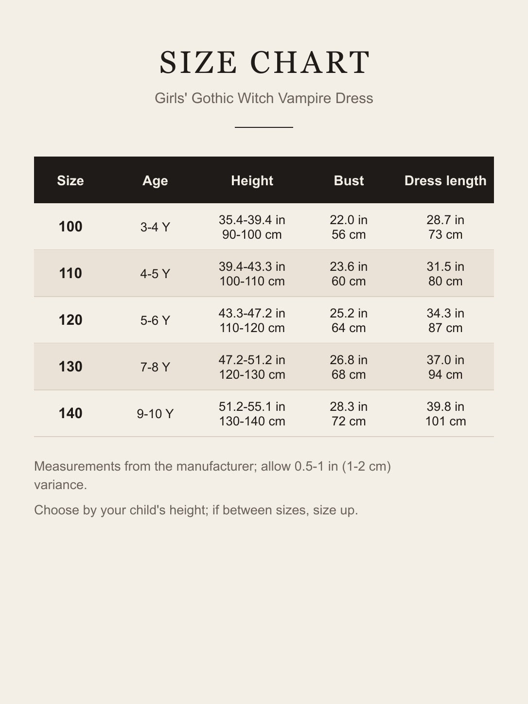 Size chart for the girls' gothic witch vampire dress: age, height, bust and dress length for sizes 100 to 140 in inches and centimeters