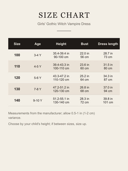 Size chart for the girls' gothic witch vampire dress: age, height, bust and dress length for sizes 100 to 140 in inches and centimeters