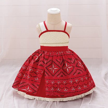 Toddler girls' red geometric print princess dress with cream lace bodice and fringe hem, front view on child mannequin