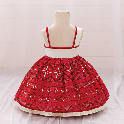 Toddler girls' red princess dress back view showing cream back panel and red straps