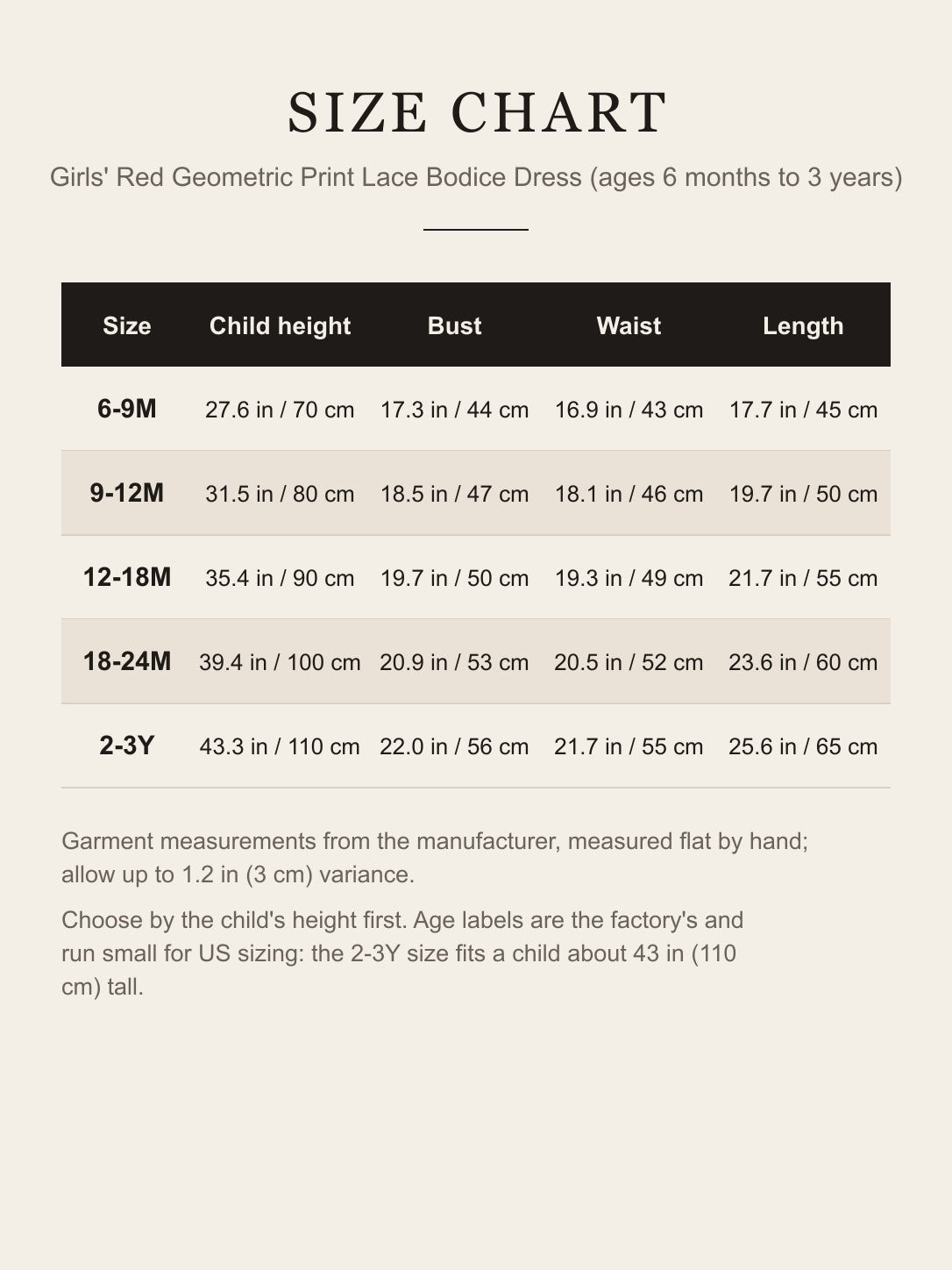 Size chart for girls' red princess dress, 6-9M to 2-3Y, child height, bust, waist and length in inches and cm