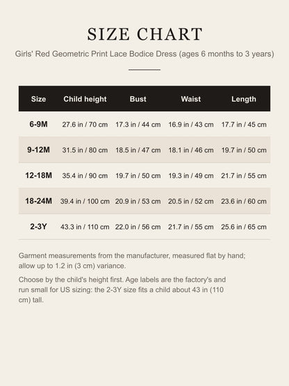 Size chart for girls' red princess dress, 6-9M to 2-3Y, child height, bust, waist and length in inches and cm