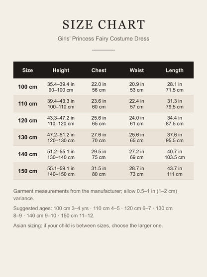 Size chart for the girls' princess costume dress: height, chest, waist and length for sizes 100–150 cm in inches and centimeters
