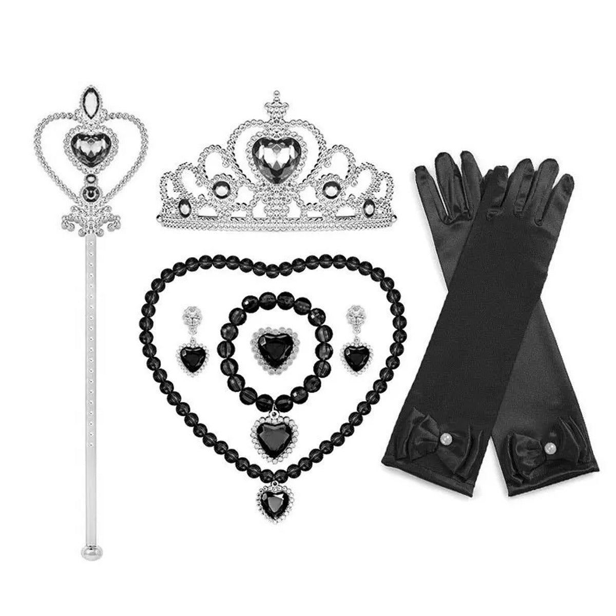 What's included in the girls' vampire accessories set: silver heart tiara, heart wand, black beaded necklace, bracelet, heart earrings and long black gloves
