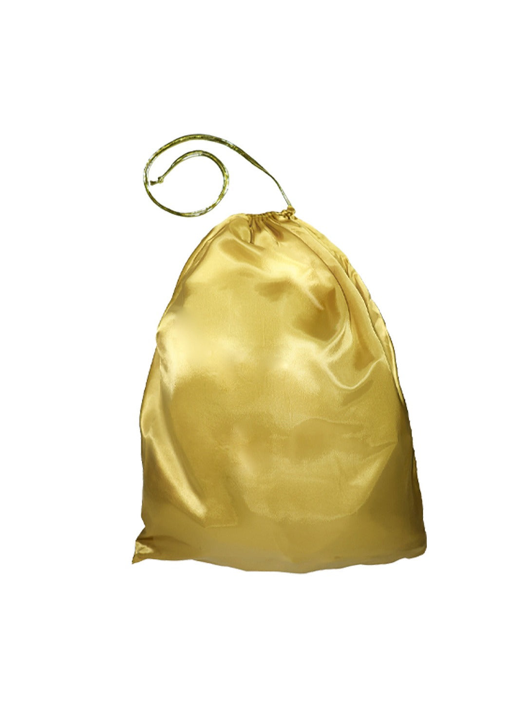 Large gold drawstring Santa gift bag filled, with long gold cord, on white background