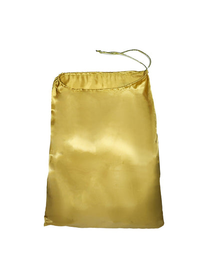 Gold drawstring gift bag laid flat showing shiny polyester fabric and gathered top