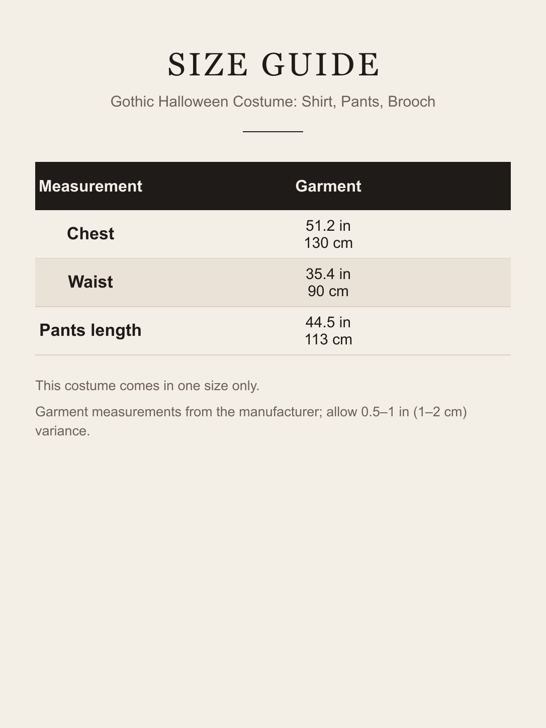 Size guide for the Gothic Halloween Costume: Shirt, Pants, Brooch
