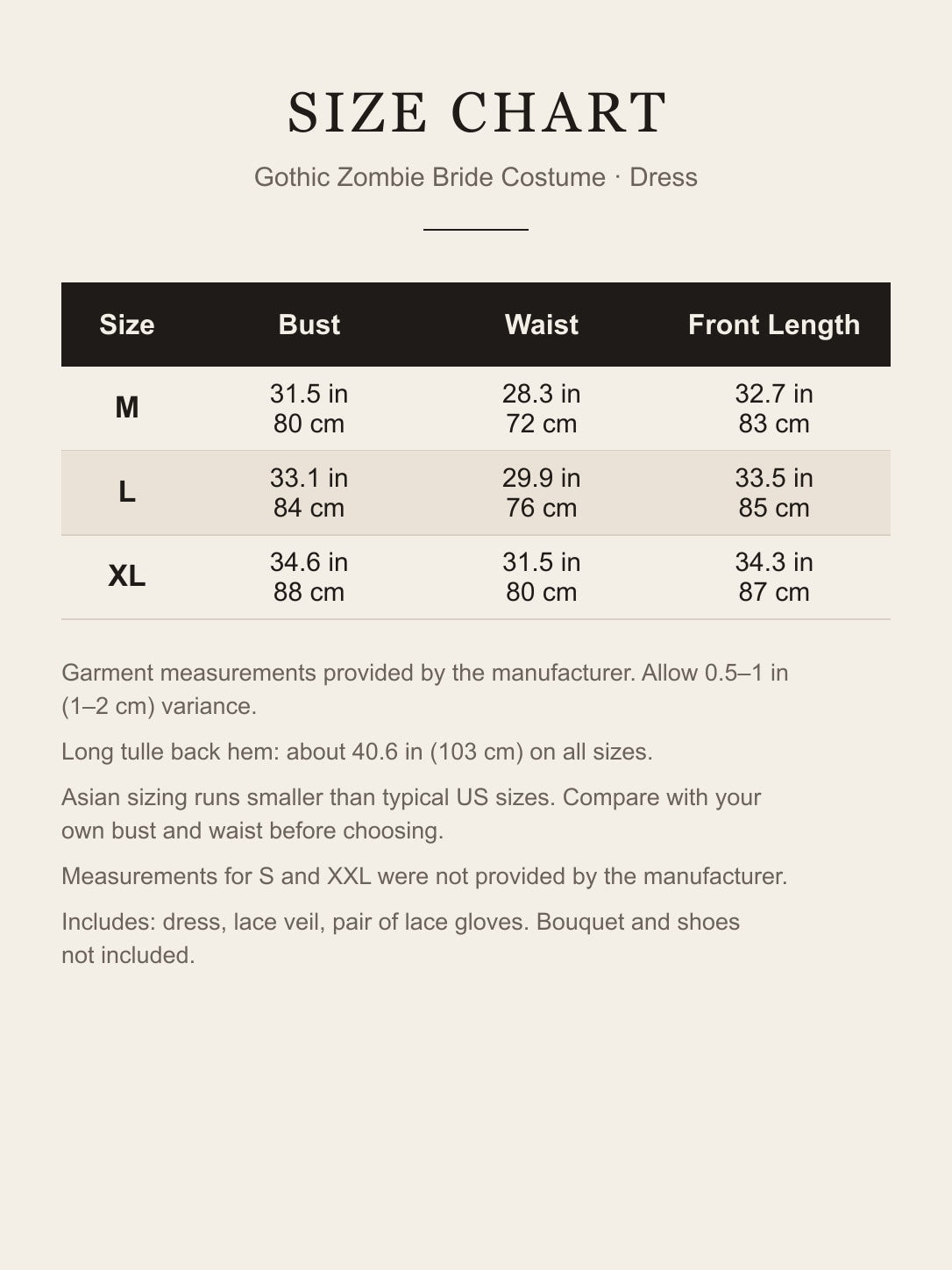 Size chart for the black zombie bride costume dress: bust, waist and front length for M, L and XL in inches and cm