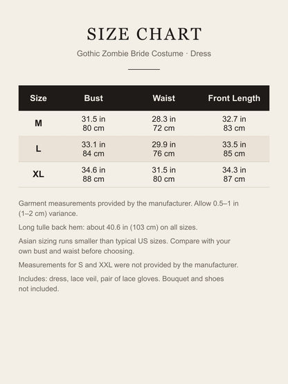 Size chart for the black zombie bride costume dress: bust, waist and front length for M, L and XL in inches and cm
