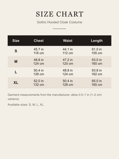 Size guide for the Gothic Hooded Cloak Costume