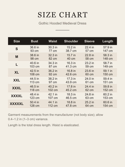 Gothic Hooded Medieval Dress size chart, S to XXXXXL, bust, waist, shoulder, sleeve and length in inches and cm
