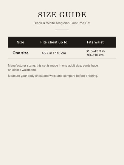 Size guide: one size, fits chest up to 45.7 in (116 cm) and waist 31.5–43.3 in (80–110 cm)