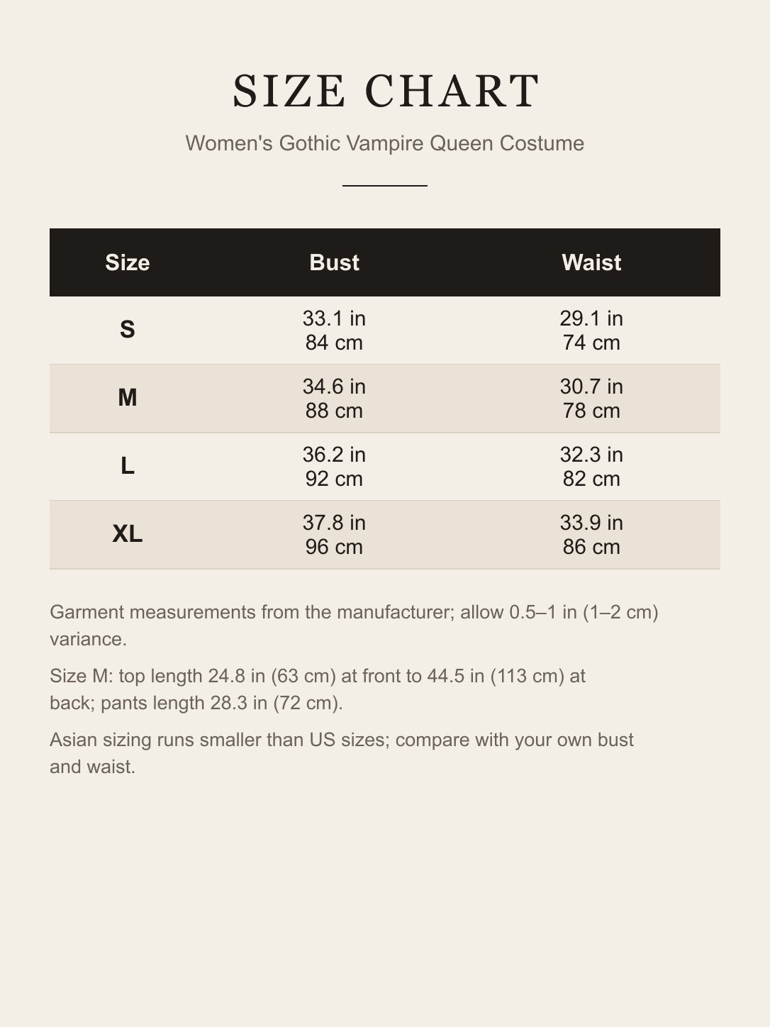 Size chart for the women's gothic vampire queen costume: bust and waist for S, M, L and XL in inches and centimeters