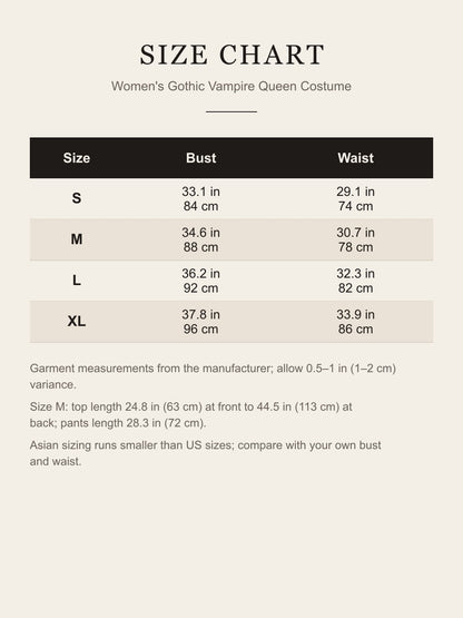 Size chart for the women's gothic vampire queen costume: bust and waist for S, M, L and XL in inches and centimeters