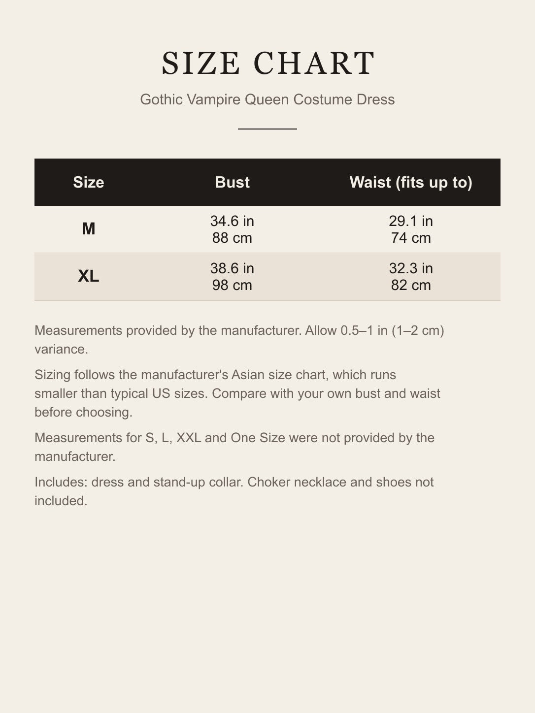 Size chart for the gothic vampire queen costume dress: bust and waist for M and XL in inches and centimeters