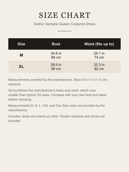 Size chart for the gothic vampire queen costume dress: bust and waist for M and XL in inches and centimeters