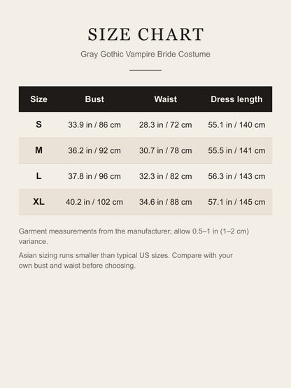 Size chart for the gray gothic vampire bride costume: bust, waist and dress length for S, M, L and XL in inches and centimeters