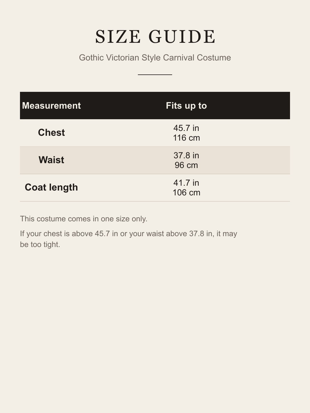 Size guide for the Gothic Victorian Style Carnival Costume