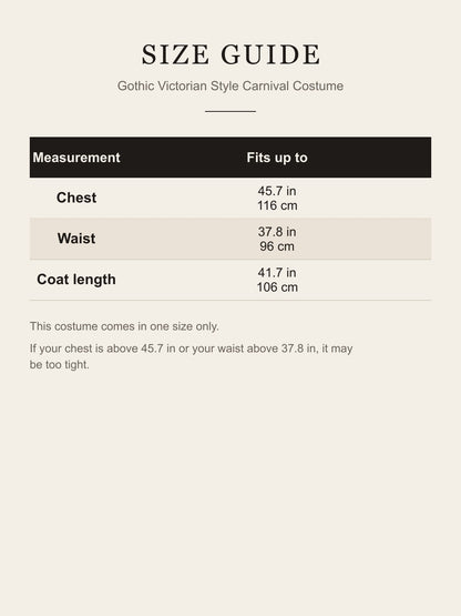 Size guide for the Gothic Victorian Style Carnival Costume