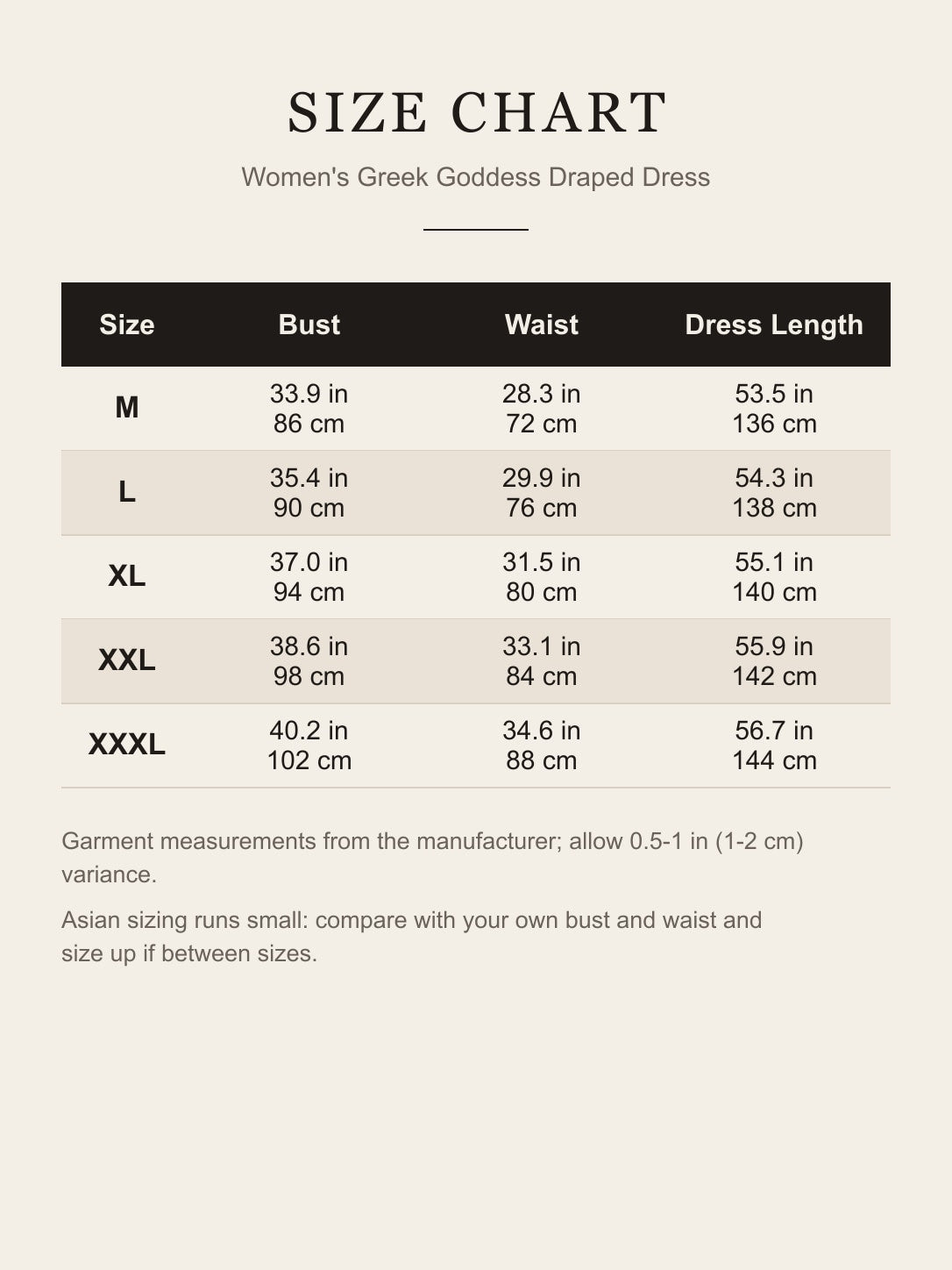 Size chart for the women's Greek goddess draped dress, M to XXXL, bust, waist and length in inches and centimeters