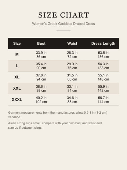 Size chart for the women's Greek goddess draped dress, M to XXXL, bust, waist and length in inches and centimeters