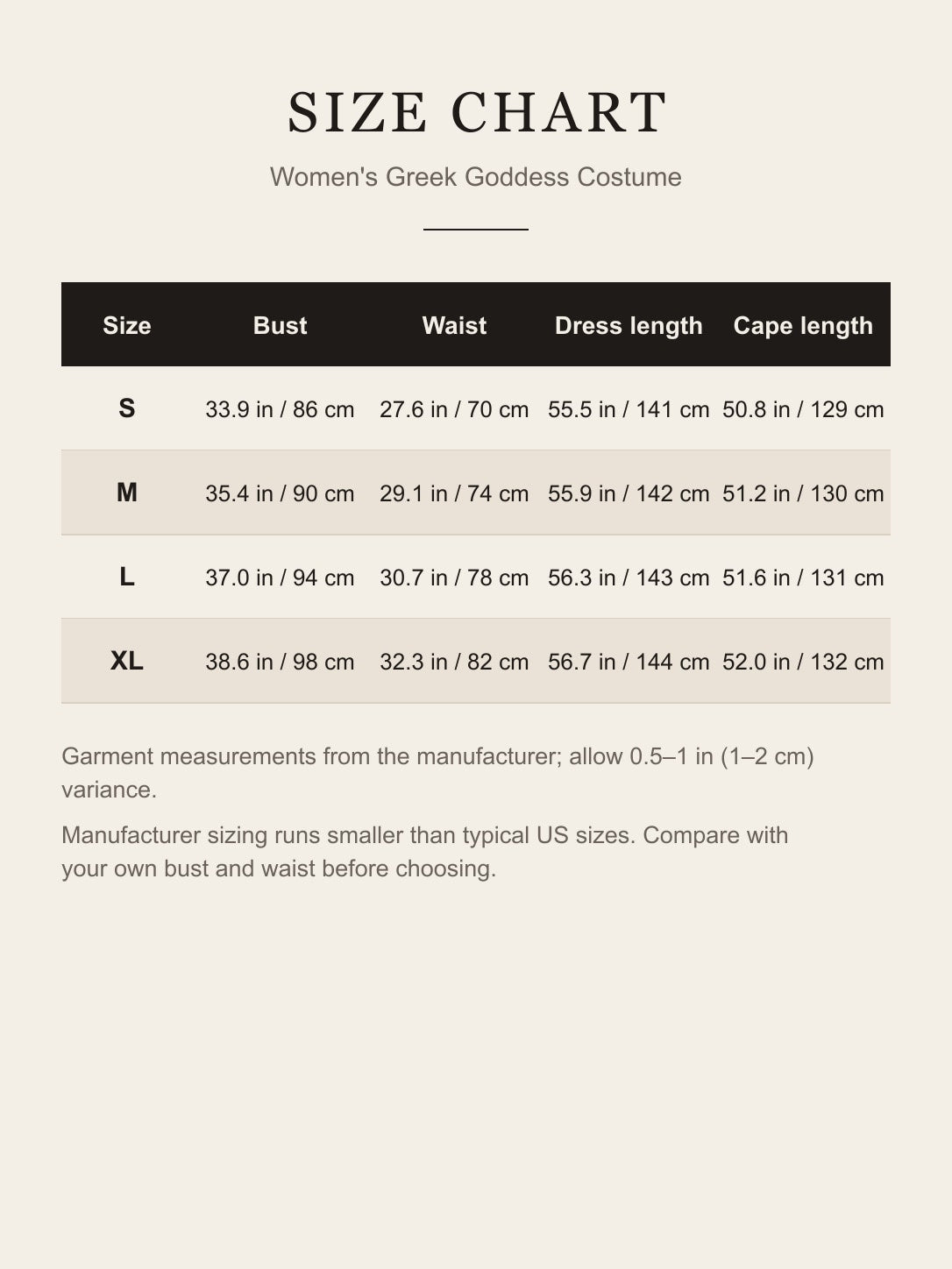 Size chart for the women's Greek goddess costume: bust, waist, dress length and cape length for S, M, L and XL in inches and cm