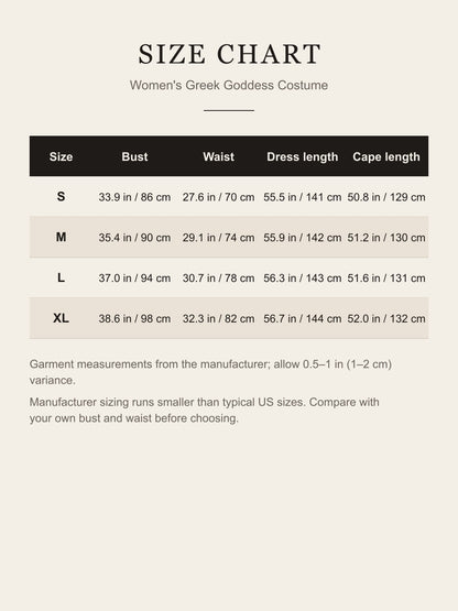 Size chart for the women's Greek goddess costume: bust, waist, dress length and cape length for S, M, L and XL in inches and cm