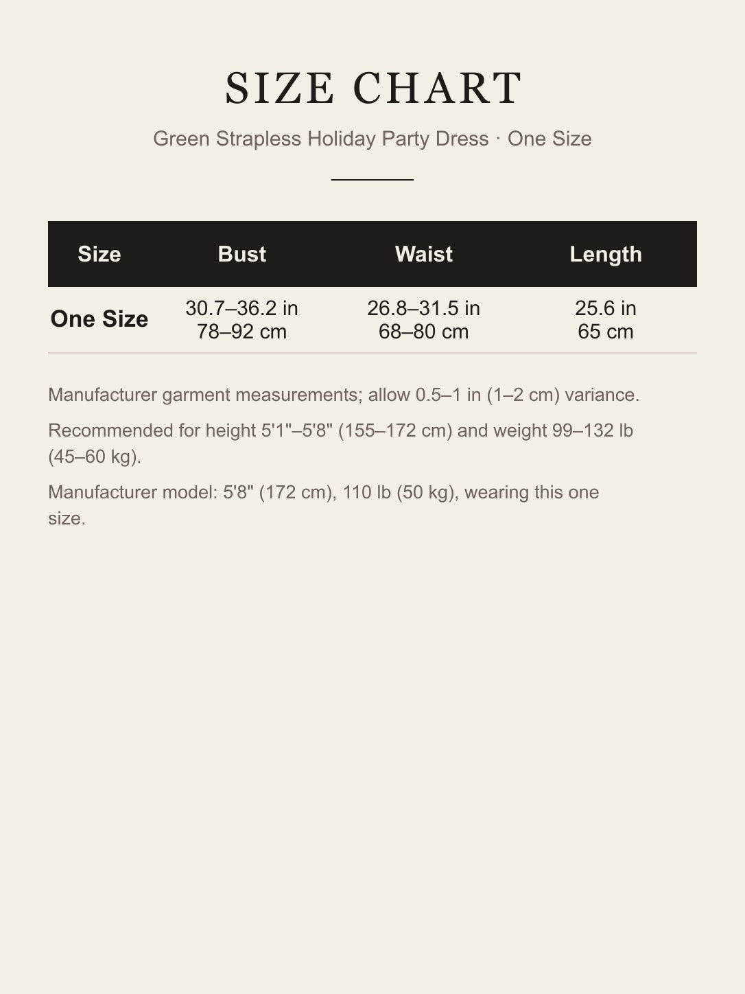 Size chart for the one-size green Christmas tree costume dress: bust 78–92 cm, waist 68–80 cm, length 65 cm