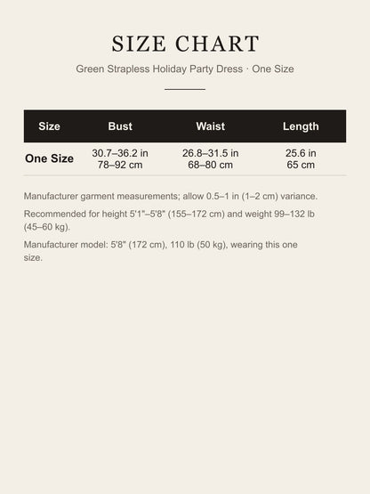 Size chart for the one-size green Christmas tree costume dress: bust 78–92 cm, waist 68–80 cm, length 65 cm