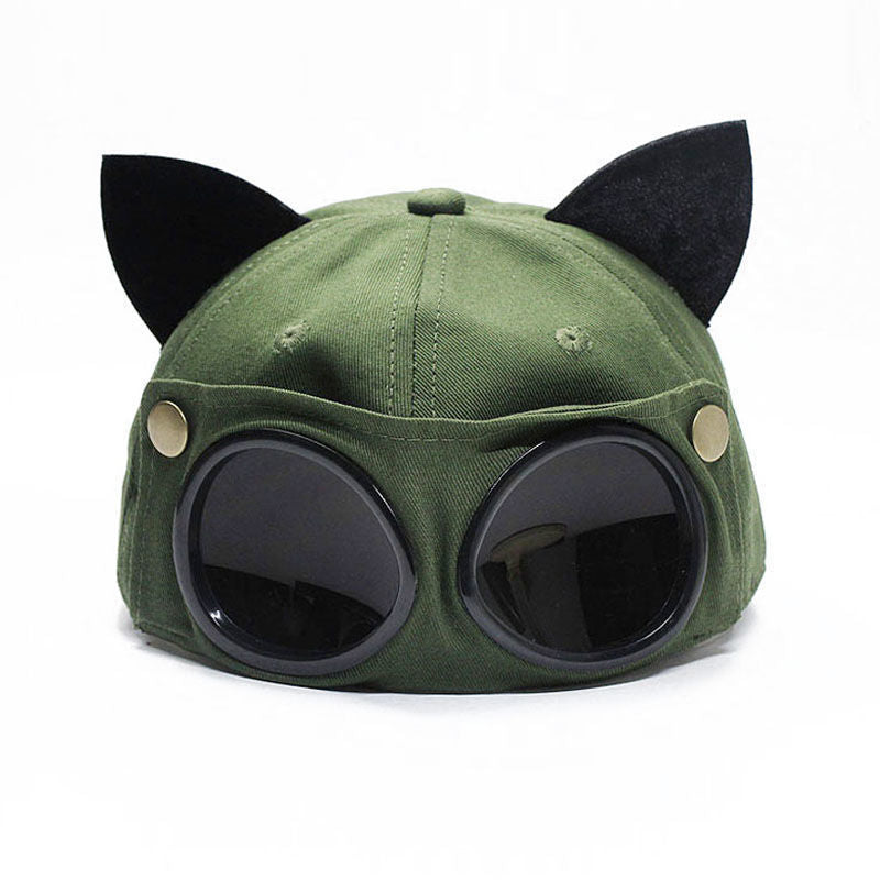 Army green cat ear baseball cap with round black aviator goggles, product photo on white