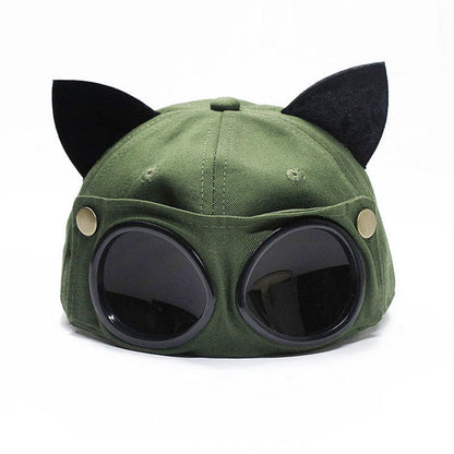 Army green cat ear baseball cap with round black aviator goggles, product photo on white