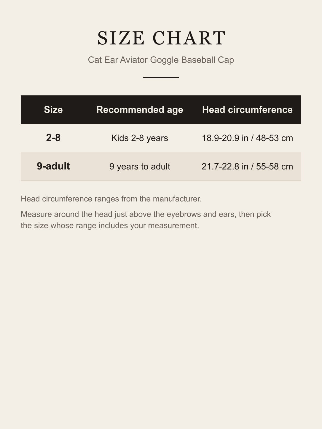 Size chart for the cat ear goggle cap: 2-8 fits 48-53 cm (18.9-20.9 in) head, 9-adult fits 55-58 cm (21.7-22.8 in)
