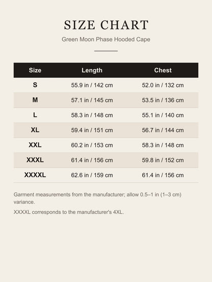 Size chart for the green moon phase hooded cape: length 142–159 cm (55.9–62.6 in), chest 132–156 cm, sizes S to XXXXL