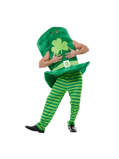 Front view of the green leprechaun top hat costume worn by an adult: the plush hat covers the head, with eye openings near the crown, shamrock and buckle belt