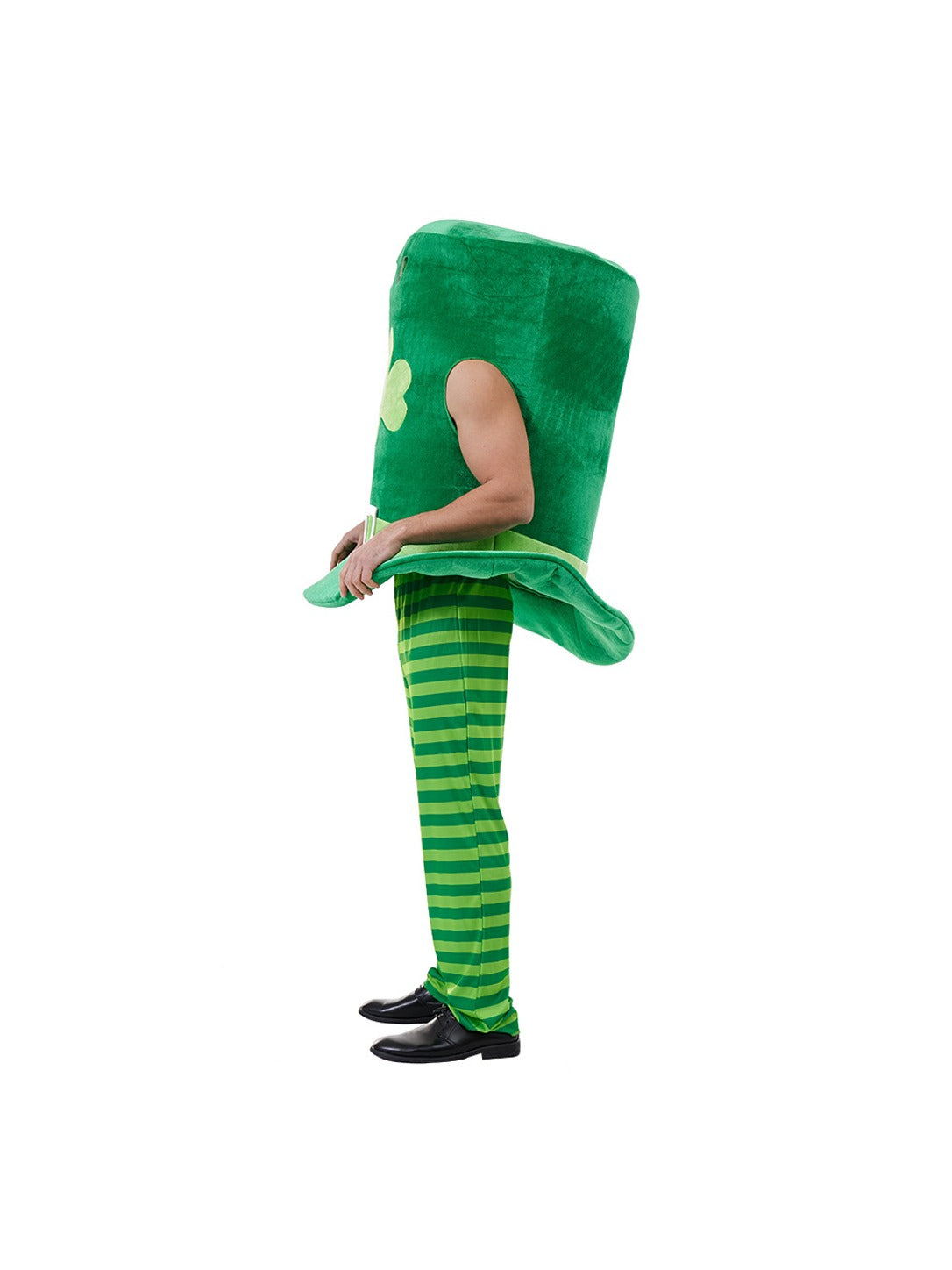 Side view of the leprechaun top hat costume showing the arm opening, wide brim at the waist and striped pants