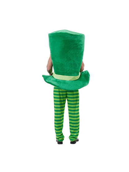 Back view of the green leprechaun top hat costume with light green hat band and striped pants